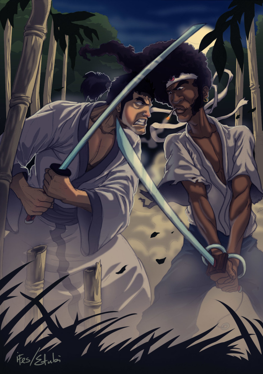 2001 2007 2boys afro afro_samurai afro_samurai_(character) black_hair colored_skin crossover dark_skin death_battle etubi92 fighting headband highres japanese_clothes katana kimono long_hair male_focus multiple_boys muscular samurai samurai_jack samurai_jack_(character) sheath short_hair sword thick_eyebrows weapon white_skin