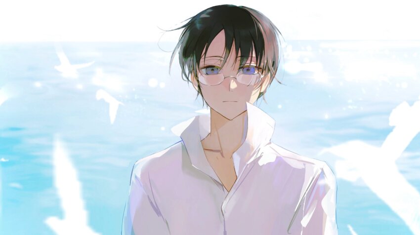 1boy bird brown_hair closed_mouth collared_shirt commentary dress_shirt glasses hair_behind_ear hair_between_eyes heterochromia highres looking_at_viewer male_focus open_collar rimless_eyewear shirt shusuzu sky solo upper_body watanuki_kimihiro water white_bird white_shirt xxxholic