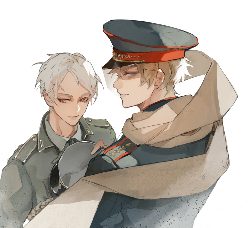 2boys axis_powers_hetalia back blonde_hair brown_scarf closed_mouth collared_shirt commentary_request from_behind green_hat green_jacket grey_hair grey_hat grey_jacket hair_between_eyes hat hat_ornament highres holding holding_unworn_clothes holding_unworn_hat jacket kamui_(kurohshiro1) long_sleeves looking_at_viewer looking_back male_focus military_hat military_jacket military_uniform multiple_boys prussia_(hetalia) purple_eyes red_eyes russia_(hetalia) scarf shirt short_hair simple_background star_(symbol) star_hat_ornament teeth unworn_hat unworn_headwear upper_body white_background white_shirt