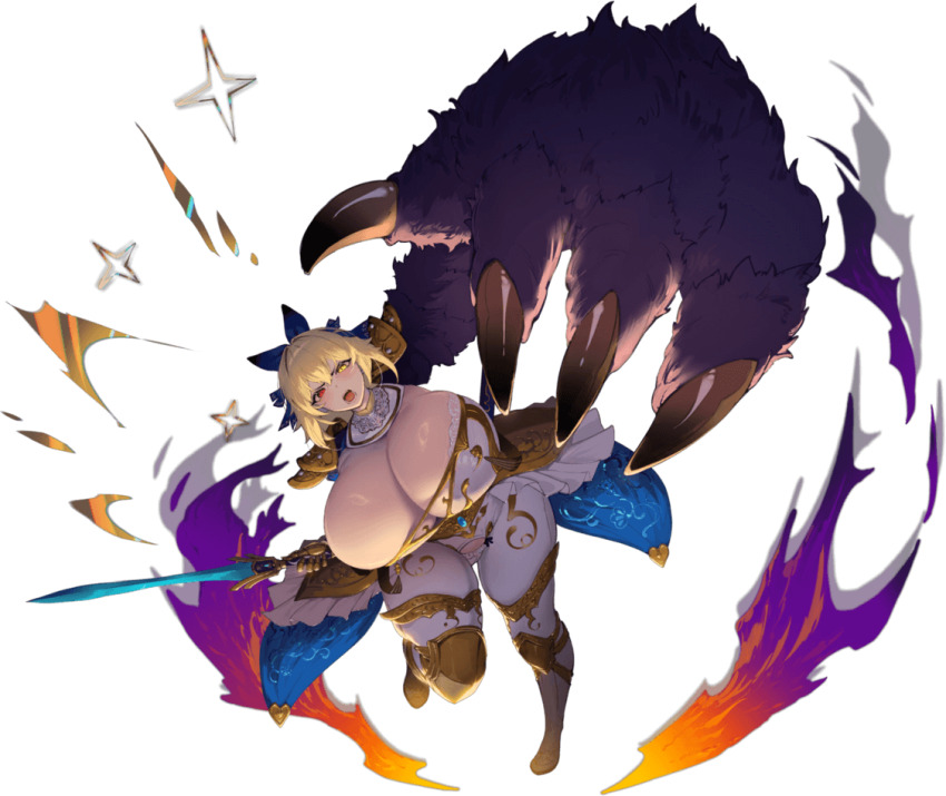 1girl armor armored_gloves beast_arm blonde_hair blush bouncing_breasts bow breasts cleavage covered_navel elaine_(kyonyuu_fantasy_burst) hair_bow hair_ribbon heterochromia holding holding_sword holding_weapon huge_breasts incoming_attack kyonyuu_fantasy kyonyuu_fantasy_burst looking_at_viewer medium_hair official_art pauldrons red_eyes ribbon sheath shoulder_armor sword tassel weapon yellow_eyes