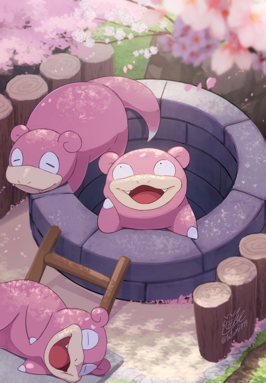 chain-link_fence cherry_blossoms dappled_sunlight fang fence from_above full_body gen_1_pokemon highres ladder nintendo no_humans outdoors pink_fur pink_tail pokemon pokemon_(creature) pokemon_focus signature sleeping slowpoke sunlight tatsumi_(panneko) twitter_username well
