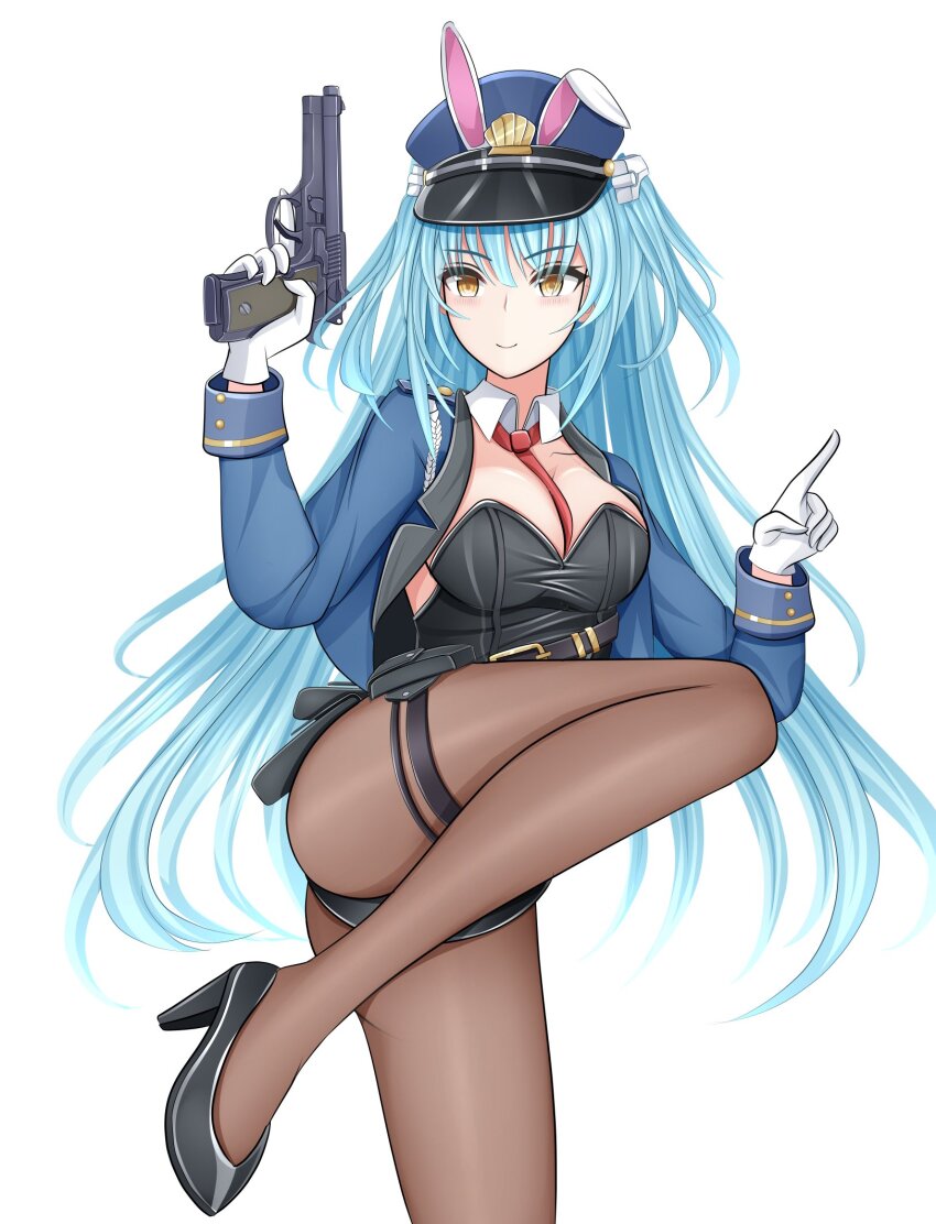 1girl azur_lane belt beretta_92 between_breasts black_leotard blue_hair blush breasts crotchless crotchless_pantyhose genius_1237to gloves gun handgun hat highres holding holding_gun holding_weapon holster jacket large_breasts leotard looking_at_viewer necktie necktie_between_breasts neptune_(azur_lane) neptune_(officer_bunneptune_is_on_the_case!)_(azur_lane) open_clothes pantyhose police police_hat red_necktie standing standing_on_one_leg thigh_holster utility_belt weapon white_gloves yellow_eyes
