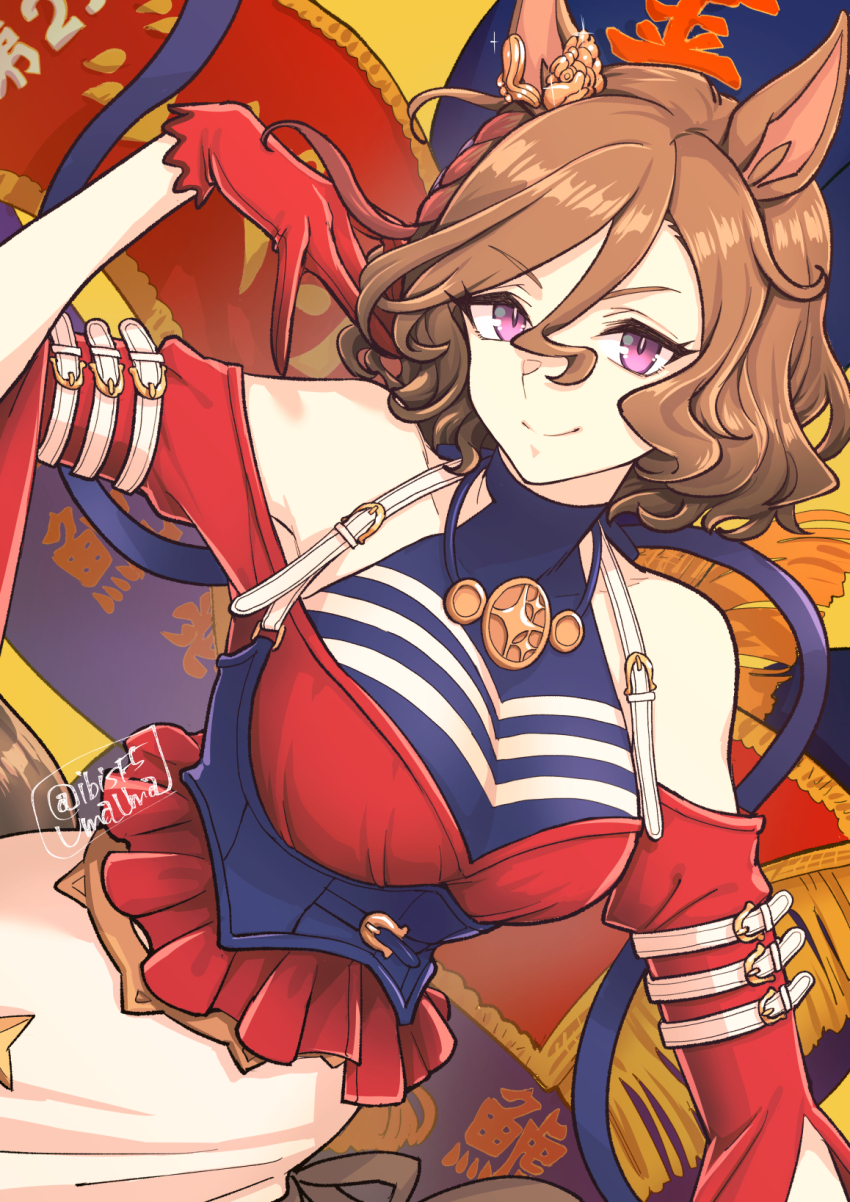 1girl animal_ears bare_shoulders breasts brown_hair closed_mouth commentary_request cowboy_shot dress ear_ornament gloves hair_ornament hi_(ibisf5umauma) highres horse_ears horse_girl horse_tail jewelry large_breasts long_sleeves looking_at_viewer necklace purple_eyes red_gloves revision short_hair skirt smile solo striped_clothes striped_dress tail tap_dance_city_(umamusume) twitter_username umamusume v-shaped_eyebrows white_skirt