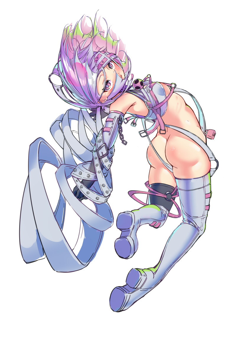 1girl absurdres alice_soft ass ball_gag belt belt_buckle black_gloves bondage_outfit boots bottomless breasts buckle chain dohna_dohna_issho_ni_warui_koto_o_shiyou full_body gag gloves highres lock nekosama13 padlock parted_lips pink_eyes porno_(dohna_dohna) revealing_clothes short_hair simple_background small_breasts solo strap thigh_boots white_background white_belt white_boots white_hair wiffle_gag