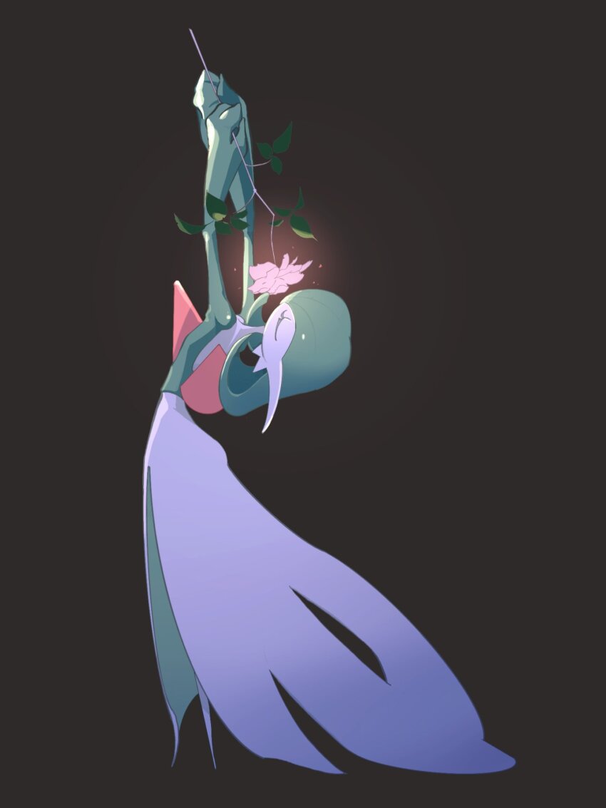 arched_back black_background bob_cut closed_eyes colored_skin dress flower gardevoir gen_3_pokemon glowing_flower green_hair green_skin highres multicolored_skin mxlaghrsuk33yws nintendo pink_flower pokemon pokemon_(creature) simple_background two-tone_skin white_dress white_skin