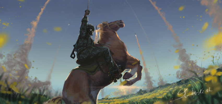 blue_sky contrail field flower flower_field gas_mask grass helmet highres horseback_riding launching load_bearing_vest mask military military_combat_uniform military_uniform missile original people&#039;s_liberation_army people&#039;s_liberation_army_rocket_force riding shouhui_lang_qun signature sky smoke sword weapon yellow_flower