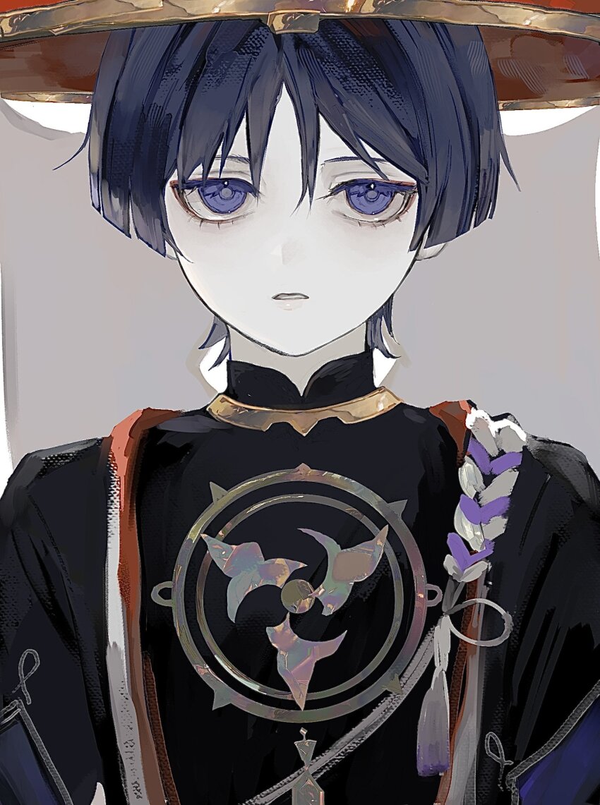 1boy arms_at_sides black_bodysuit black_hair black_kimono black_sleeves blunt_ends bodysuit eyelashes eyeliner eyeshadow genshin_impact gold grey_veil hat highres japanese_clothes jewelry jingasa juban kimono layered_sleeves makeup male_focus mandarin_collar mitsudomoe_(shape) neck_ring open_clothes open_kimono pale_skin parted_lips portrait purple_eyes purple_rope purple_sleeves red_eyeliner red_eyeshadow red_hat red_kimono rope scaramouche_(genshin_impact) shimenawa solo straight-on tassel tehettenandayo tomoe_(symbol) tsurime veil white_background white_kimono white_mouth white_rope white_trim wispy_bangs