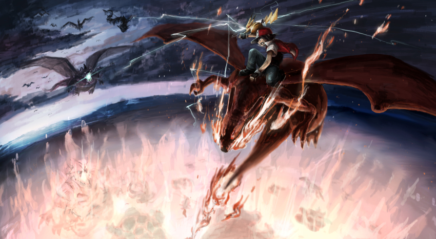1boy aerial_battle aerodactyl baseball_cap battle black_hair charizard cloud dragon dragonite electricity epic fearow fingerless_gloves fire flame-tipped_tail flygon flying gen_1_pokemon gen_2_pokemon gen_3_pokemon gloves glowing golem_(pokemon) group_battle gyarados hat highres jacket lance_(pokemon) legendary_pokemon moltres night nintendo pikachu pokemon pokemon_(creature) red_(pokemon) salamence speed_painting tail toi_(number8) tyranitar