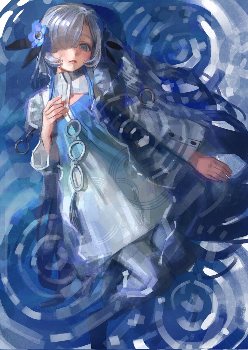 1girl anemone_(flower) blue_dress blue_flower blue_hair chinese_commentary cleavage_cutout closed_mouth clothing_cutout commentary_request corrupted_twitter_file dress flower gradient_clothes gradient_dress hair_flower hair_ornament hair_over_one_eye highres isekaijoucho kamitsubaki_studio kofi-mo long_hair long_sleeves looking_at_viewer multicolored_hair one_eye_covered partially_submerged shrug_(clothing) solo two-tone_dress two-tone_hair water white_dress white_hair
