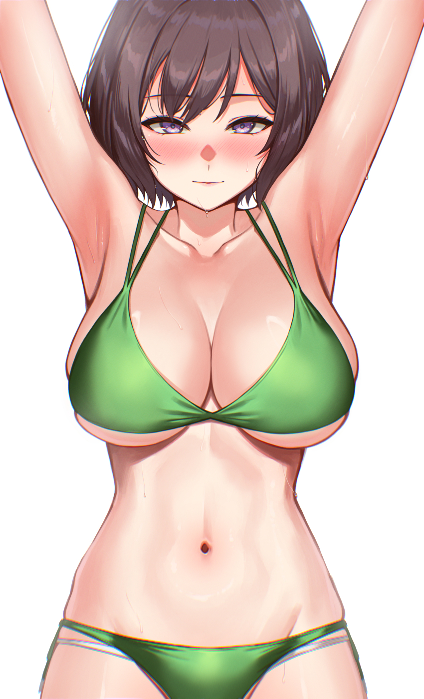 1girl absurdres armpits arms_up bikini blush breasts brown_hair collarbone commentary_request deras gakuen_idolmaster green_bikini highres idolmaster large_breasts navel neo_asari purple_eyes short_hair simple_background smile solo swimsuit white_background