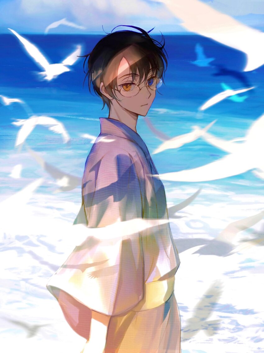 1boy animal beach bird blue_kimono brown_hair closed_mouth cloud cloudy_sky commentary cowboy_shot glasses hair_between_eyes heterochromia highres japanese_clothes kimono long_sleeves looking_at_viewer male_focus ocean profile rimless_eyewear sash shusuzu sky sleeves_past_fingers sleeves_past_wrists solo watanuki_kimihiro water white_bird wide_sleeves xxxholic yellow_sash yukata