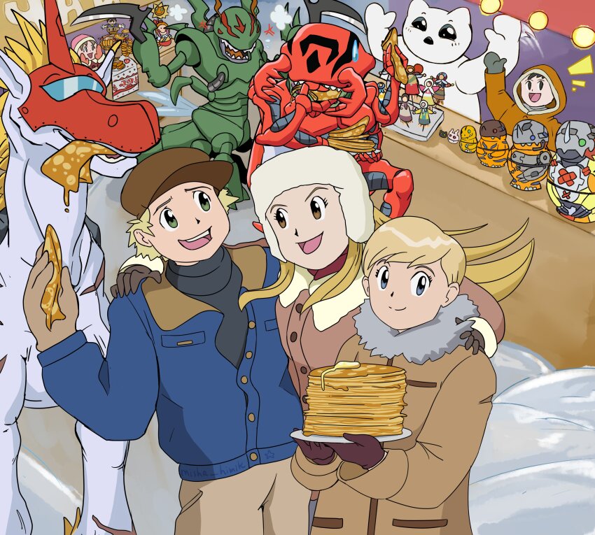 absurdres agumon anna_(digimon) botamon digimon digimon_adventure_02 food greymon highres koromon kuwagamon lara_(digimon) maslenitsa matrioska matryoshka_doll metalgreymon pancake russia snimon snow tagme unimon wargreymon yukidarumon yuri_(digimon)