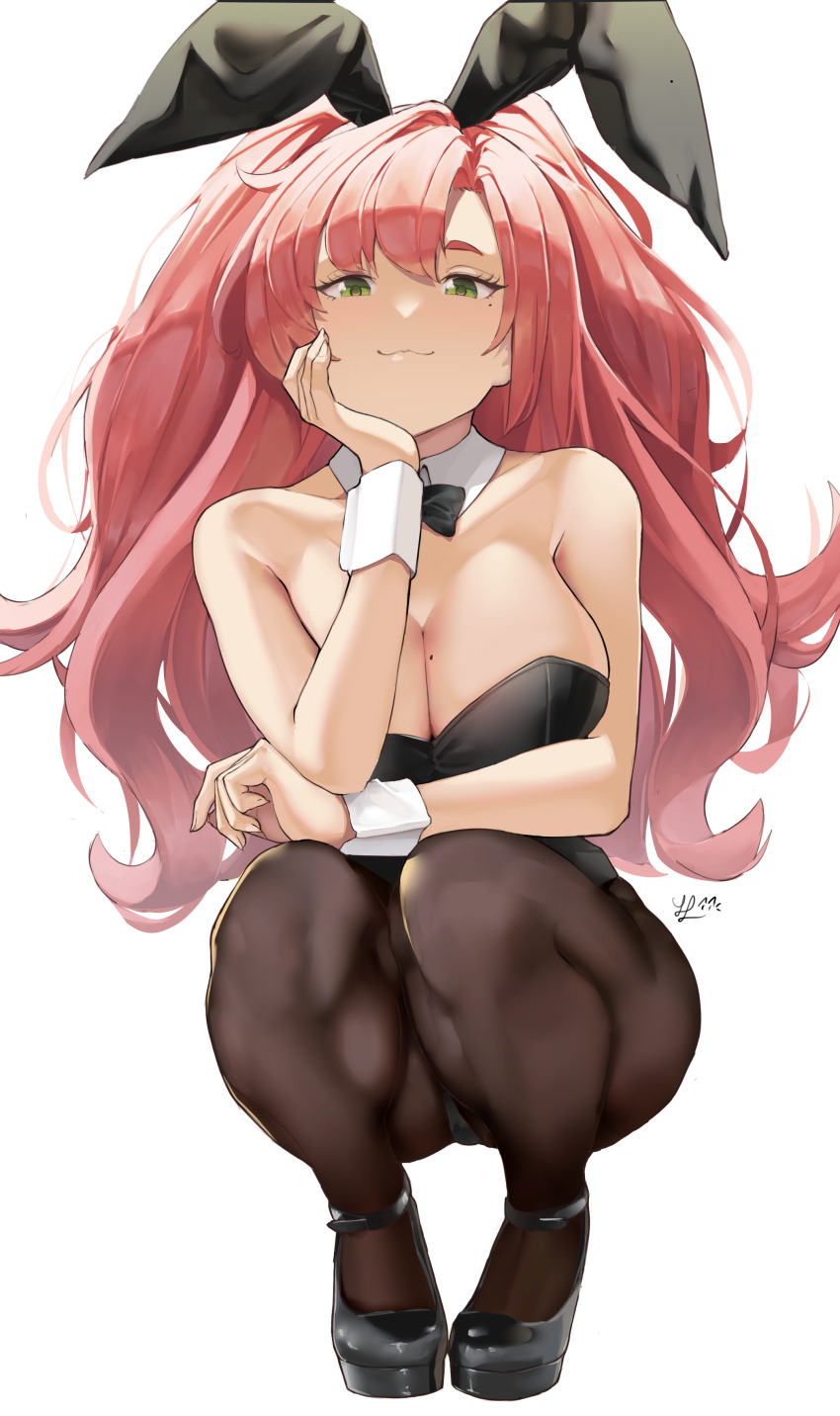 1girl absurdres alternate_costume animal_ear_hairband animal_ears arm_on_knee ass bare_shoulders black_leotard black_shoes bow bowtie breasts brown_pantyhose camus_(luthfancamus) closed_mouth collarbone commentary detached_collar elbow_on_arm english_commentary fake_animal_ears green_eyes hairband head_rest highres large_breasts leotard long_hair looking_at_viewer mole mole_on_breast mole_under_eye nicole_demara pantyhose pink_hair playboy_bunny rabbit_ear_hairband rabbit_ears shoes short_eyebrows signature simple_background single_hair_intake smug solo squatting strapless strapless_leotard white_background white_wrist_cuffs wrist_cuffs zenless_zone_zero