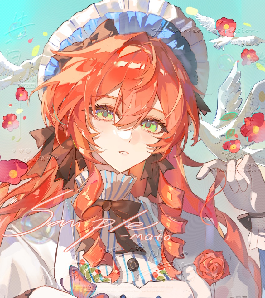 1girl absurdres bird bird_on_hand black_bow black_bowtie black_ribbon blue_hat bow bowtie dated double-parted_bangs gloves green_eyes hair_between_eyes hair_ribbon hat heiyi_mataozi highres long_hair looking_at_viewer original parted_lips portrait red_hair ribbon sample_watermark shirt solo watermark white_gloves white_shirt