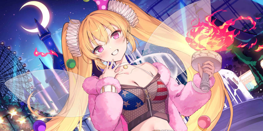 1girl aged_up alternate_costume alternate_hairstyle american_flag american_flag_bikini american_flag_print bare_shoulders bikini bikini_top_only blonde_hair blush breasts choker cleavage clownpiece clownpiece_(ultra_purified_hell_fairy) collarbone commentary crescent_moon english_commentary ferris_wheel flag_print flag_print_bikini fountain fur-trimmed_jacket fur_trim game_cg grin hair_ornament highres holding holding_torch jacket large_breasts long_hair long_sleeves looking_at_viewer moon navel night night_sky official_art open_clothes open_jacket outdoors pink_jacket print_bikini rangu red_eyes see-through_clothes see-through_shirt shirt sky smile solo star_(sky) swimsuit third-party_source torch touhou touhou_lostword twintails upper_body white_choker