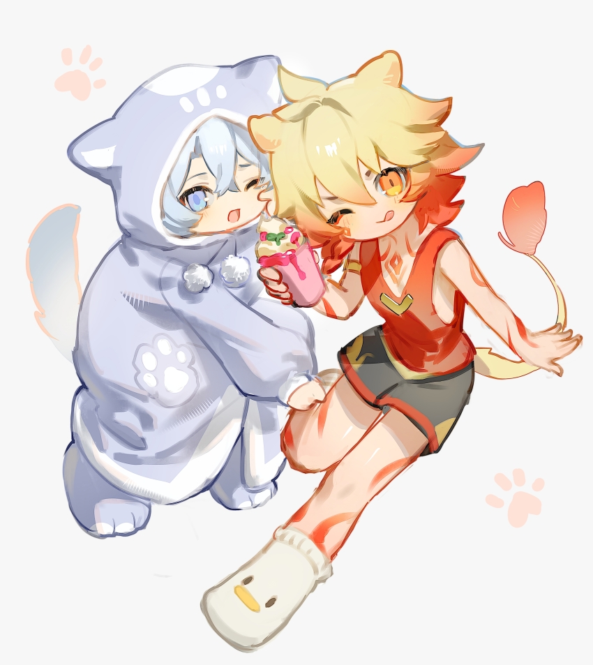 2boys absurdres animal_ears black_shorts blonde_hair braid chinese_commentary commentary_request cup dog_boy dog_ears dog_tail gradient_hair highres holding holding_cup honkai:_star_rail honkai_(series) lion_boy lion_ears lion_tail looking_at_viewer male_focus medium_hair multicolored_hair multiple_boys mydei_(honkai:_star_rail) official_alternate_costume one_eye_closed onesie open_mouth phainon_(honkai:_star_rail) red_hair red_tank_top shorts side_braid simple_background suirandanshihao tail tank_top tongue tongue_out white_background yellow_eyes