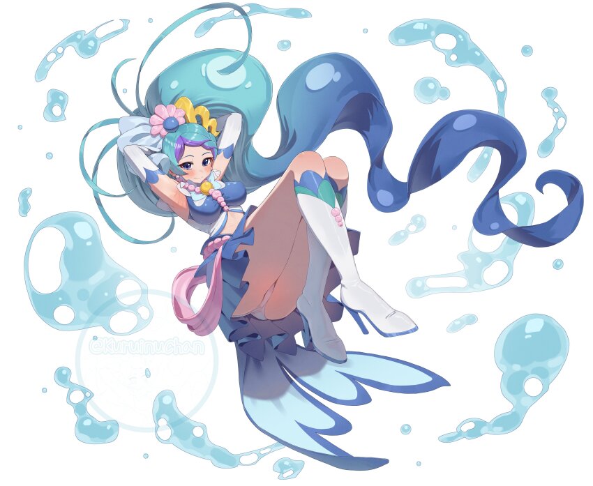 1girl absurdres blue_eyes blue_hair boots breasts cure_mermaid earrings gloves go!_princess_precure highres jewelry kaidou_minami kuruinuchan long_hair looking_at_viewer magical_girl medium_breasts midriff multicolored_hair navel panties precure purple_hair shell skirt smile solo streaked_hair two-tone_hair underwear very_long_hair white_background white_panties