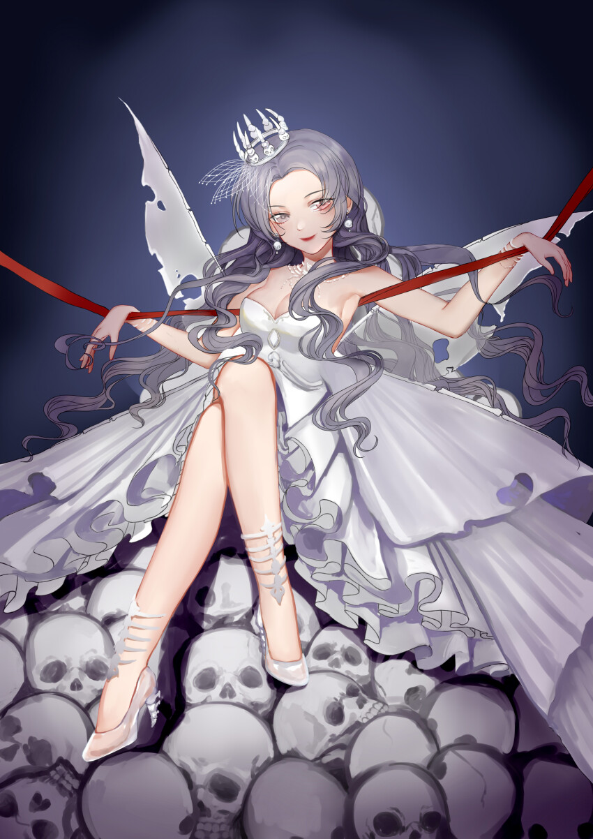 1girl absurdres an876-com bare_shoulders blue_background bracelet breasts character_request chinese_commentary cleavage closed_mouth commentary crossed_legs crown dress earrings fairy_wings frilled_dress frills full_body gown grey_eyes grey_hair high_heels highres jewelry large_breasts light_blush lipstick long_dress long_hair looking_at_viewer makeup mini_crown miracle_nikki necklace nikki_(series) pile_of_skulls red_lips red_ribbon ribbon see-through_clothes see-through_footwear shoes sidelocks sitting smirk smug solo sphere_earrings stiletto_heels strapless strapless_dress torn_wings very_long_hair wavy_hair white_crown white_dress white_shoes white_wings wings