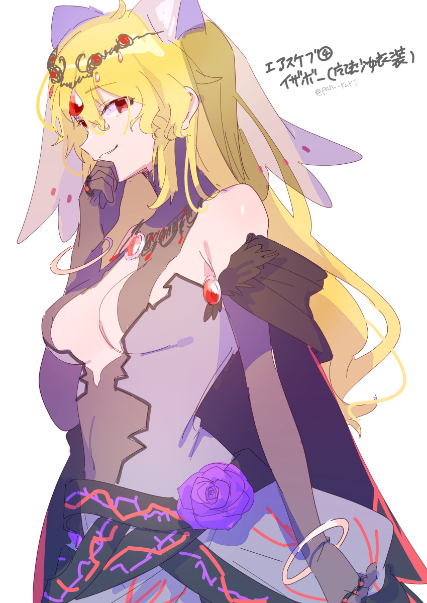 1girl absurdres artist_name breasts cleavage cleavage_cutout clothing_cutout grin highres isabeau_de_baviere_(madoka_magica) japanese_text looking_at_viewer mahou_shoujo_madoka_magica mahou_shoujo_tart_magica medium_breasts serizawa_serizane simple_background smile solo tagme white_background
