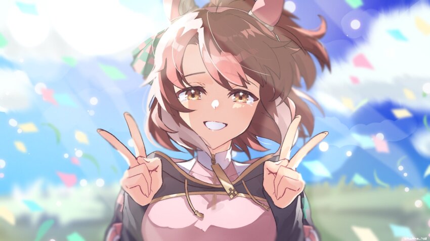 1girl animal_ears asahina_(asahina_0428) black_shrug blue_sky blush bow breasts brown_eyes brown_hair checkered_ribbon cloud confetti dantsu_flame_(center_spotlight)_(umamusume) dantsu_flame_(umamusume) double_v ear_covers ear_ornament ear_ribbon hair_between_eyes highres horse_ears horse_girl large_breasts looking_at_viewer multicolored_hair open_mouth outdoors pink_shirt shirt shrug_(clothing) sky smile solo umamusume upper_body v white_hair
