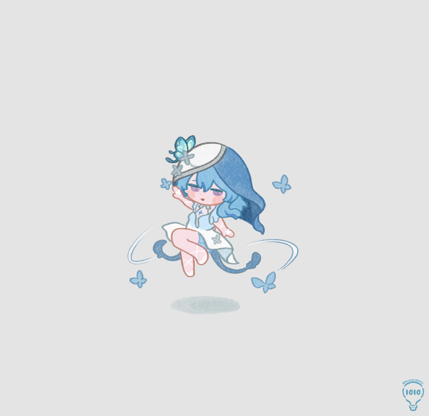 1010_(wuthering1100) 1girl artist_name blue_butterfly blue_hair blue_veil bug butterfly chibi chibi_only colored_eyelashes commentary_request dress floating grey_background hair_between_eyes highres insect long_hair looking_at_viewer midair parted_lips purple_eyes shorekeeper_(wuthering_waves) simple_background smile solo two-tone_veil veil white_dress white_veil wuthering_waves