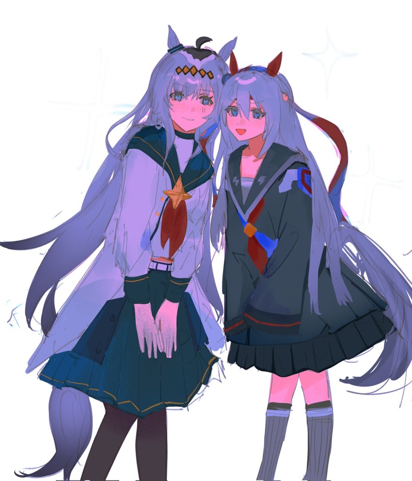 2girls :d ahoge animal_ears black_serafuku blue_eyes closed_mouth ear_covers grey_hair grey_tail hashtag-only_commentary hcrane_hrs heads_together highres horse_ears horse_girl horse_tail leaning_forward long_hair multiple_girls neckerchief oguri_cap_(umamusume) open_mouth pleated_skirt red_neckerchief sailor_collar school_uniform serafuku simple_background skirt smile socks tail tamamo_cross_(umamusume) umamusume white_background