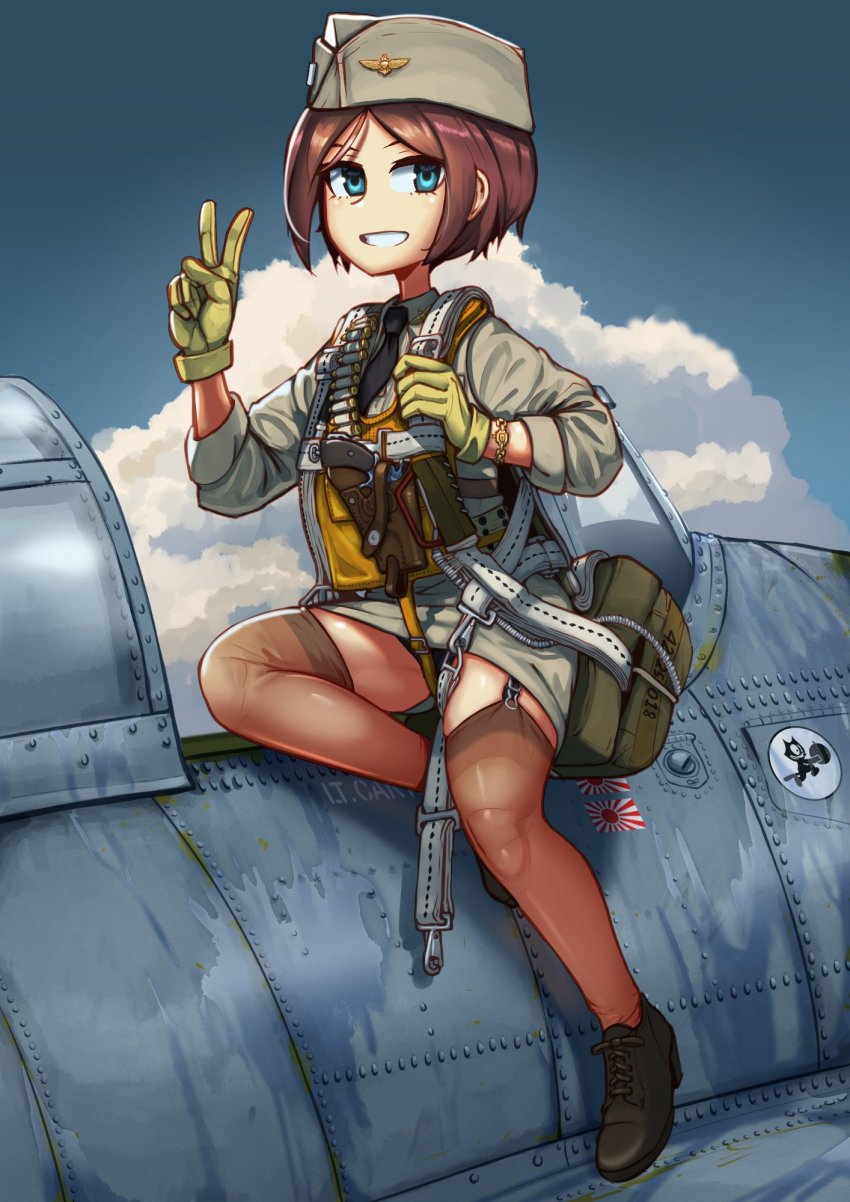 1girl aircraft airplane ammunition_belt bandolier belt black_panties black_shoes blue_sky bullet cloud erica_(naze1940) garrison_cap garter_straps gloves grumman_f3f gun handgun hat highres looking_at_viewer military_vehicle necktie original panties parachute propeller_fighter revolver shoes short_hair sky smile thighhighs thighs underwear v watch weapon wristwatch