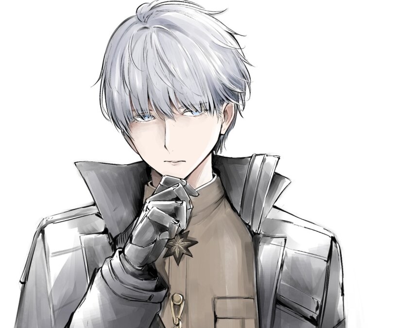 1boy black_coat blue_eyes brown_jacket coat goddess_of_victory:_nikke grey_hair hand_on_own_chin highres jacket johan_(nikke) mechanical_hands military_jacket military_uniform short_hair simple_background solo warubo white_background