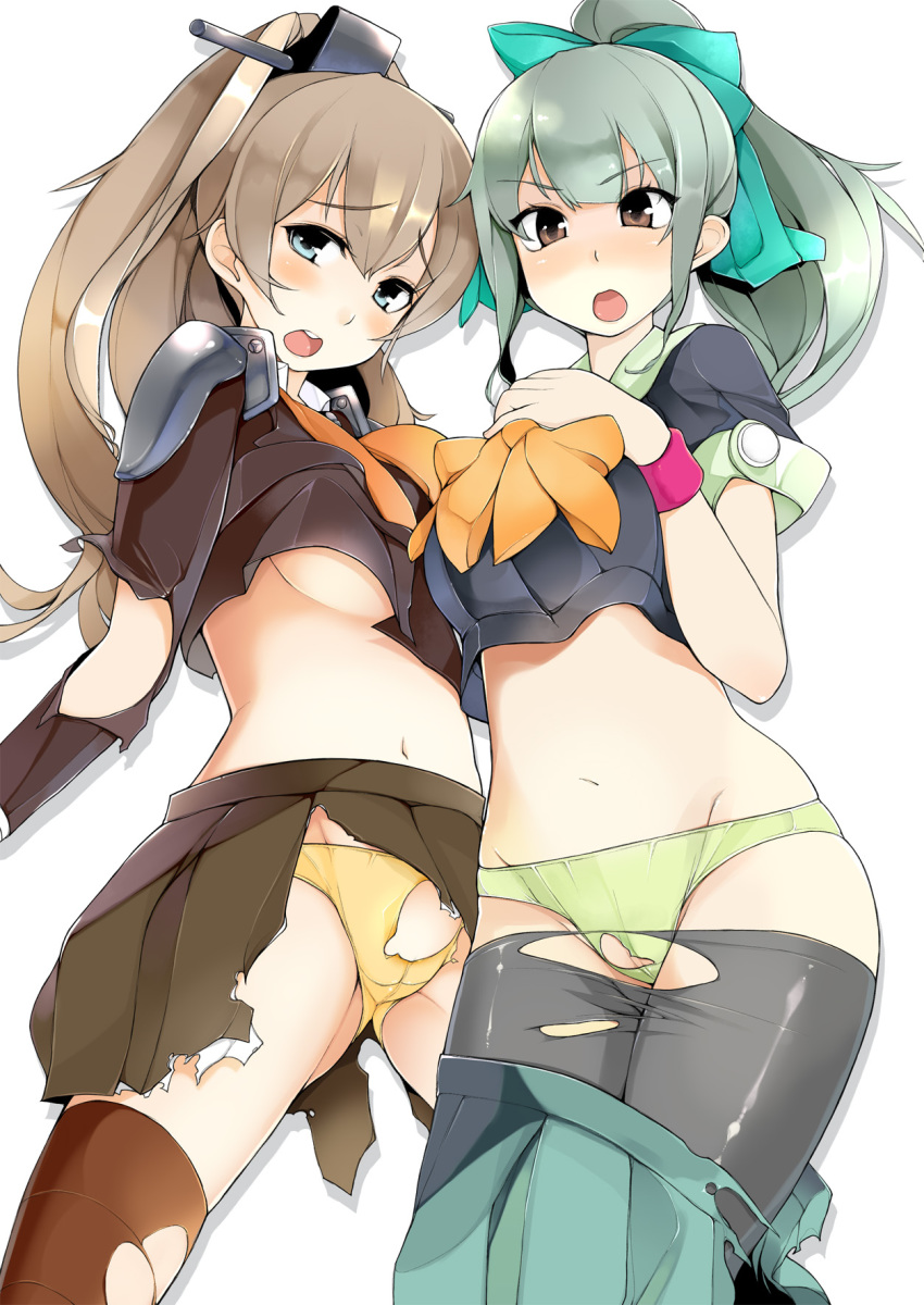 10s 2girls bad_id bad_pixiv_id black_legwear blue_eyes blush bow breasts brown_eyes brown_hair cameltoe green_panties grey_hair hair_bow highres kantai_collection kumano_(kancolle) large_breasts long_hair looking_at_viewer midriff multiple_girls navel open_mouth panties pantyhose personification ponytail school_uniform simple_background skirt thighhighs topo_(bacchustab) topo_bevitore torn_clothes torn_legwear torn_panties torn_skirt underboob underwear white_background yellow_panties yuubari_(kancolle) zettai_ryouiki