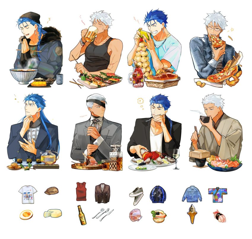4boys ? alcohol archer_(fate) archer_alter_(fate) beanie beer beer_mug black_suit black_tank_top blue_hair blue_shirt blue_suit bowl bread cheese chicken_wing closed_eyes closed_mouth commentary corruption crimo cu_chulainn_(caster)_(fate) cu_chulainn_(fate) cup cutlery dark-skinned_male dark_skin denim denim_jacket donburi drink drinking drinking_glass egg fate/grand_order fate/stay_night fate_(series) fish_(food) food fork formal_clothes fruit fur-trimmed_jacket fur_trim grey_suit hat highres holding holding_bowl holding_food holding_fork holding_pizza ice_cream jacket japanese_clothes kimono lemon lemon_slice lobster long_hair looking_at_object mug multiple_boys musical_note omelet own_hands_together oyster pizza red_eyes red_tank_top sashimi seashell shell shirt shoes short_hair steak steam suit sushi symbol-only_commentary t-shirt tank_top teapot upper_body variations white_background white_hair white_shirt wine_glass