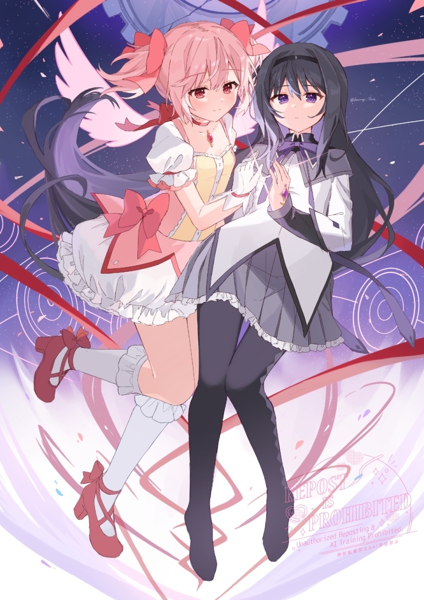 2girls akemi_homura akemi_homura_(magical_girl) argyle_clothes argyle_footwear back_bow black_boots black_capelet black_hair black_hairband boots bow bow_choker bubble_skirt buttons capelet center_frills chest_jewel choker closed_mouth collarbone collared_capelet commentary cross-laced_shoes dot_nose dress energy_wings expressionless floating floating_clothes floating_hair footwear_bow frilled_dress frilled_skirt frilled_sleeves frilled_socks frills full_body gears gem gloves hair_between_eyes hair_bow hairband hand_jewel happy high_collar high_heel_boots high_heels highres kaname_madoka kaname_madoka_(magical_girl) kannagi_(kannagi_ilust) kneehighs layered_sleeves light_particles long_hair long_sleeves magic_circle magical_girl mahou_shoujo_madoka_magica mahou_shoujo_madoka_magica_(anime) miniskirt multiple_girls parted_lips pink_bow pink_dress pink_eyes pink_gemstone pink_hair pink_wings pleated_skirt puffy_short_sleeves puffy_sleeves pumps purple_background purple_bow purple_capelet purple_eyes purple_gemstone purple_skirt red_bow red_choker red_ribbon red_shoes ribbon shoes short_dress short_hair short_sleeves short_twintails sidelocks skirt smile socks sparkle square_neckline thigh_boots twintails two-tone_capelet very_long_hair waist_bow watermark white_dress white_gloves white_skirt white_sleeves white_socks wings