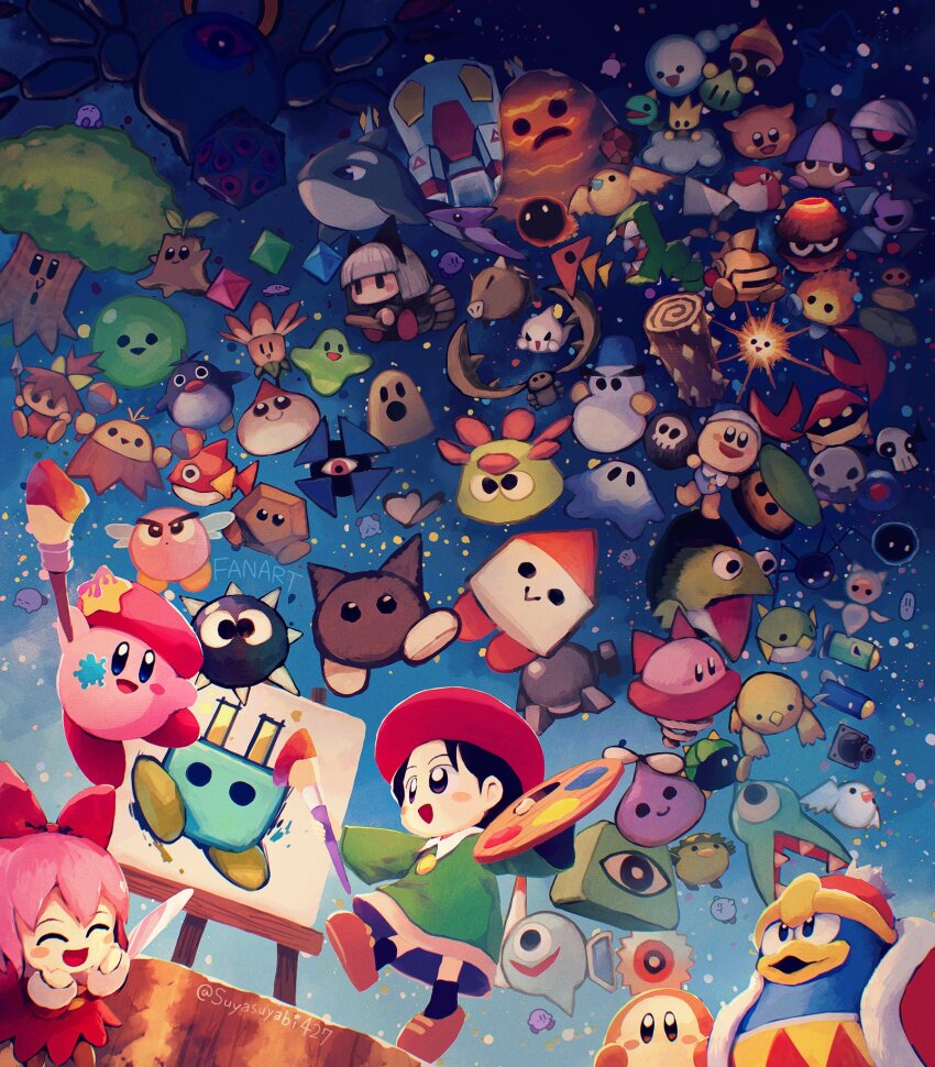 2girls 3boys 6+others acro_(kirby) adeleine artist_kirby beak beanie beret bird bivolt black_hair blowfish_(kirby) blush_stickers bo_(kirby) bobo_(kirby) bomb bonehead_(kirby) bouncy_(kirby) bronto_burt bumber_(kirby) burnis_(kirby) cairn cannon canvas_(object) chacha_(kirby) child chilly_(kirby) closed_eyes coat copy_ability creature dress drop_(kirby) dutch_angle emp_(kirby) everyone explosive fish fishbone_(kirby) flopper_(kirby) flora_(kirby) flutter_(kirby) flying frigis_(kirby) fur_coat gabon_(kirby) galbo_(kirby) ghost_knight_(kirby) glom_(kirby) glunk_(kirby) gobblin_(kirby) gordo hack_(kirby) hair_ribbon happy hat highres hr-h i3_(kirby) icharacter:3_(kirby) kabu_(kirby) kacti_(kirby) kany_(kirby) kapar_(kirby) keke_(kirby) king_dedede kirby kirby_(series) kirby_64 lance looking_to_the_side magman magoo_(kirby) mahall_(kirby) mariel_(kirby) maw_(kirby) miracle_matter mite_(kirby) monster mopoo_(kirby) multiple_boys multiple_girls multiple_others mumbies_(kirby) n-z night night_sky nintendo noo_(kirby) nruff open_mouth outdoors paint paint_palette paint_splatter paintbrush painting_(action) painting_(object) pedo_(kirby) penguin pink_hair pix_(kirby) plugg_(kirby) polearm pompey_(kirby) poppy_bros_jr propeller_(kirby) pteran punc_(kirby) pupa_(kirby) putt_(kirby) ribbon ribbon_(kirby) rockn_(kirby) rocky_(kirby) sandman_(kirby) sawyer_(kirby) scarfy shield shoes short_hair shotzo sir_kibble skirt skud_(kirby) sky slushy_(kirby) smile smock snipper_(kirby) spark-i sparky_(kirby) splinter_(kirby) squibby star_(sky) starry_sky suyasuyabi tick_(kirby) tongue tree tree_stump turbite_(kirby) waddle_dee weapon whispy_woods whispy_woods_jr. yariko_(kirby) zebon zero_two_(kirby) zoos_(kirby)