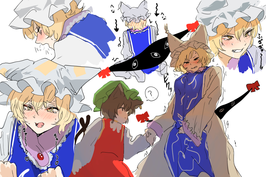 2girls :o ? animal_ears blonde_hair blue_tabard blush brown_hair cat_ears cat_girl cat_tail chen commentary_request dress embarrassed eneshi expressionless fangs fox_girl gap_(touhou) hat heart heart-shaped_pupils highres holding_hands looking_at_another medium_hair multiple_girls multiple_tails red_dress ribbon shirt symbol-shaped_pupils tabard tail teeth touhou two_tails white_background white_dress white_shirt yakumo_ran