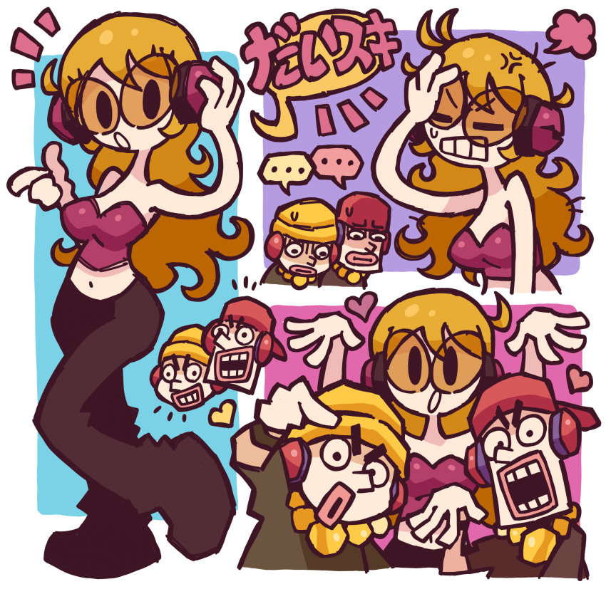 ... 1girl 2022 2boys :o absurdres angry bare_shoulders beanie black_pants black_shoes blonde_hair blue_background breasts chain cleavage collarbone colored_skin commentary crop_top english_commentary facepalm full_body gameplay_mechanics glasses gold_chain hand_up hat headphones heart highres japanese_text josh-s26 looking_at_viewer love_posse_(rhythm_tengoku) medium_breasts midriff minna_no_rhythm_tengoku multiple_boys multiple_expressions multiple_views navel nervous_sweating nintendo open_mouth orange-tinted_eyewear pants paw_pose pink_shirt red_hat rhythm_tengoku shirt shoes simple_background sitting so&#039;ra solo speech_bubble sweat sweatdrop tinted_eyewear translation_request v-shaped_eyebrows white_skin yellow_hat