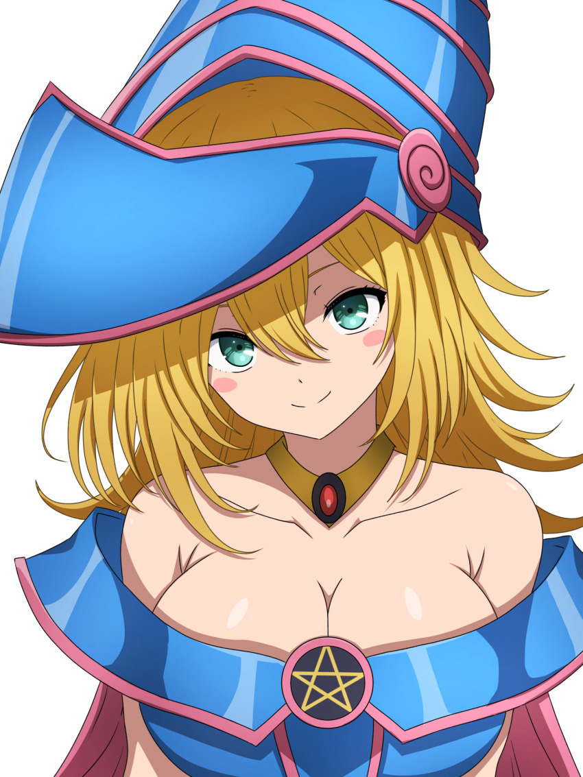 1girl blonde_hair blue_hat breasts cleavage closed_mouth commentary_request dark_magician_girl followers_favorite_challenge green_eyes hair_between_eyes hat highres large_breasts long_hair looking_at_viewer multiple_drawing_challenge noshimurin simple_background solo upper_body white_background yu-gi-oh!