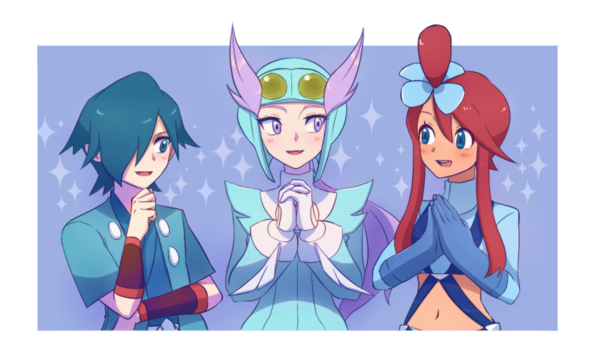 1boy 2girls blue_eyes blue_hair border commentary_request crop_top cropped_jacket falkner_(pokemon) gloves hair_between_eyes hair_over_one_eye haruki_sparsa helmet interlocked_fingers long_hair looking_at_another midriff multiple_girls navel nintendo open_mouth own_hands_together pokemon pokemon_bw pokemon_hgss pokemon_oras purple_eyes purple_hair red_hair short_hair skyla_(pokemon) trait_connection upper_body white_border winona_(pokemon)