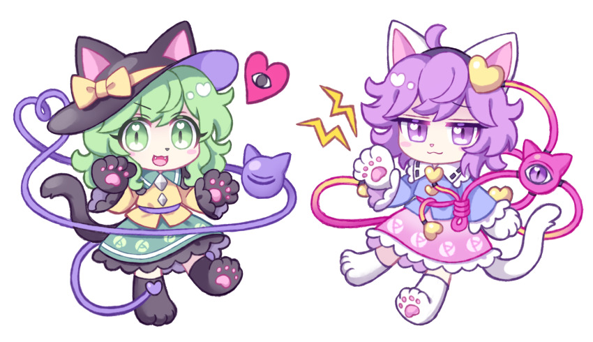 2girls :3 ahoge animal_ears black_hairband black_hat blue_shirt bow buttons cat_ears cat_paw cat_tail chibi closed_mouth collared_shirt commentary_request diamond_button fangs floral_print frilled_shirt_collar frills full_body green_hair green_skirt hair_ornament hairband hat hat_bow hat_ribbon heart heart_button heart_hair_ornament heart_in_eye heart_of_string highres kemonomimi_mode komeiji_koishi komeiji_satori lightning_bolt_symbol long_hair long_sleeves looking_at_viewer miy_001 multiple_girls open_mouth pink_skirt purple_hair ribbon rose_print shirt short_hair siblings sisters skirt slit_pupils symbol_in_eye tail third_eye touhou white_background yellow_bow yellow_ribbon yellow_shirt