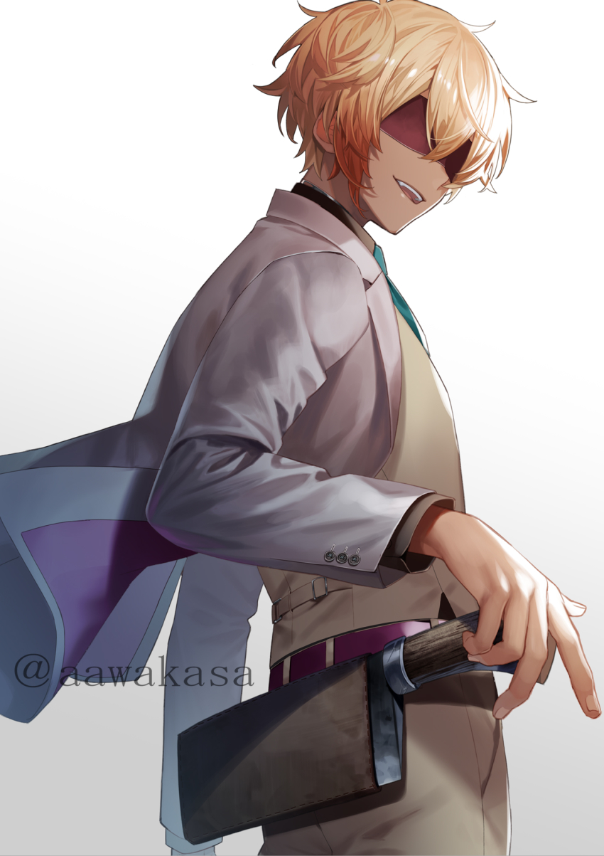 1boy :d belt blindfold blonde_hair brown_pants brown_shirt collared_shirt commentary_request cowboy_shot facing_viewer gradient_background green_necktie grey_background highres jacket knife long_sleeves male_focus necktie open_clothes open_jacket open_mouth original pants purple_belt ryuuki_(hydrangea) sheath sheathed shirt smile solo teeth twitter_username upper_teeth_only white_background white_jacket