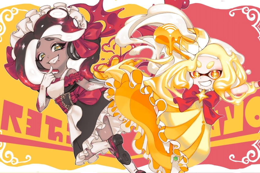 +_+ 2girls alternate_costume apron aramaki_spla black_dress black_hair blonde_hair bow cephalopod_eyes commentary crown dark-skinned_female dark_skin dress enmaided finger_to_mouth food food_on_face frilled_dress frills gloves gradient_hair green_eyes grin headphones highres holding holding_tray inkling inkling_(language) ketchup leaning_back leaning_forward long_dress looking_at_viewer maid maid_apron maid_headdress marina_(splatoon) mayonnaise medium_dress medium_hair mole mole_under_mouth multicolored_hair multiple_girls nintendo octoling off-shoulder_dress off_shoulder omelet omurice orange_dress orange_eyes pearl_(splatoon) red_bow red_footwear red_hair sharp_teeth shoes sleeveless sleeveless_dress smile socks splatoon_(series) splatoon_2 standing standing_on_one_leg suction_cups symbol-only_commentary teeth tray white_apron white_gloves white_hair white_headwear white_legwear