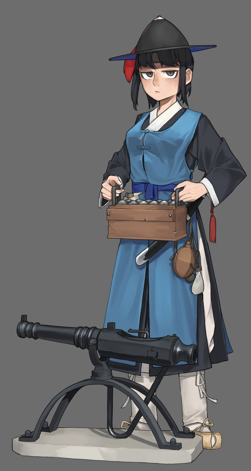 1girl antique_cannon artillery black_hair cannon cannonball canteen closed_mouth combat_helmet grey_background grey_eyes hat helmet highres holding jitome joseon_dynasty korean_clothes long_sleeves looking_at_viewer original pants pzkpfwi sandals scabbard sheath short_hair simple_background soldier solo sword tabard weapon weapon_request white_pants