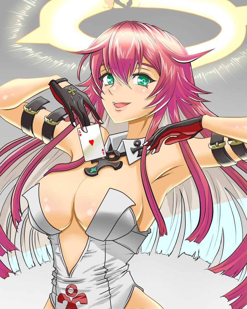 1girl ace_(playing_card) ace_of_hearts ahoge ankh ankh_necklace armpits belt black_gloves breasts broken_halo card center_opening cleavage cleavage_cutout clothing_cutout eiji_(illustr92828969) evolution_championship_series gloves green_eyes grey_background guilty_gear guilty_gear_strive hair_between_eyes halo heart highres holding holding_card jack-o&#039;_valentine jewelry large_breasts leotard long_hair looking_at_viewer multicolored_hair necklace open_mouth playboy_bunny playing_card red_hair sleeveless solo spiked_halo two-tone_hair upper_body white_hair white_leotard