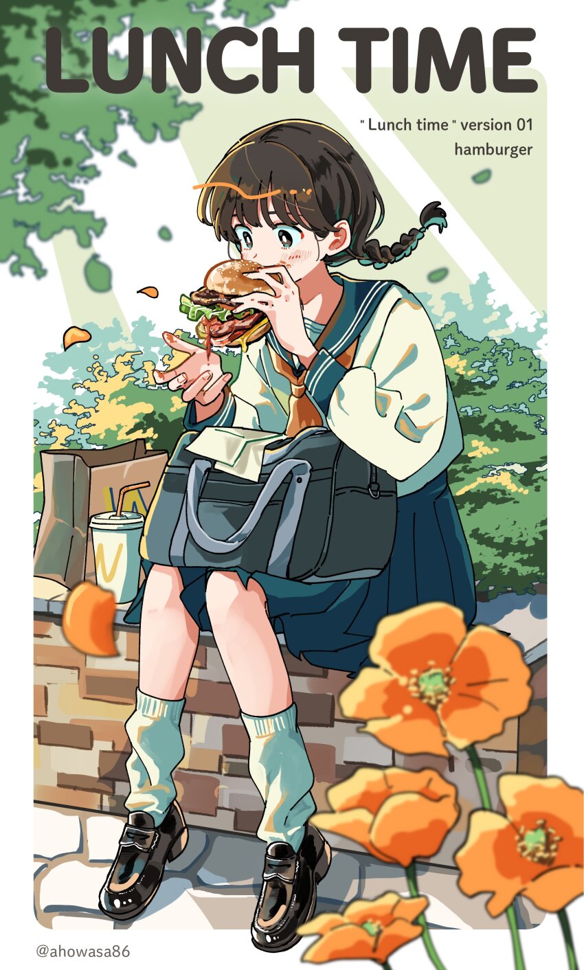 1girl absurdres aoyama_wasabi artist_name bag bag_on_lap black_hair black_shoes blue_sailor_collar blue_skirt border braid burger burger_malfunction bush cheese commentary cup disposable_cup drinking_straw duffel_bag eating english_commentary english_text falling_leaves falling_petals floating_hair flower food food_on_face food_on_hand full_body green_eyes highres holding holding_burger holding_food ketchup leaf lettuce loafers looking_at_food loose_socks neckerchief orange_flower orange_neckerchief orange_petals original outdoors outside_border paper_bag petals plant pleated_skirt poppy_(flower) sailor_collar school_uniform serafuku sesame_seeds shirt shoes single_braid sitting skirt socks solo tomato tomato_slice twitter_username wcdonald&#039;s white_border white_shirt white_socks wind