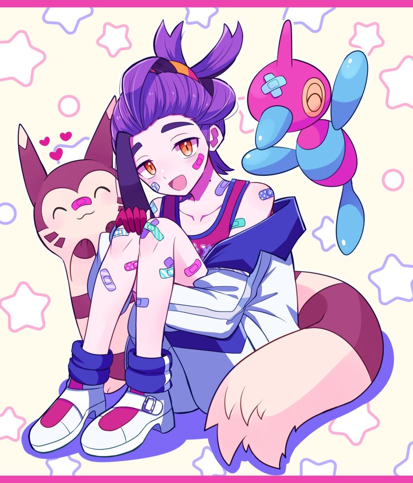1boy bandaid bandaid_on_arm bandaid_on_cheek bandaid_on_face bandaid_on_leg bandaid_on_nose black_hair blue_socks blush commentary_request crossed_bandaids furret gen_2_pokemon gen_4_pokemon gloves heart highres hugging_own_legs jacket kieran_(pokemon) long_sleeves looking_at_viewer male_focus mole mole_on_neck motiumai nintendo off_shoulder open_clothes open_jacket open_mouth orange_eyes partially_fingerless_gloves pokemon pokemon_(creature) pokemon_sv porygon-z purple_hair red_gloves red_tank_top shoes shorts sitting socks star_(symbol) tank_top too_many_bandaids white_footwear white_jacket white_shorts