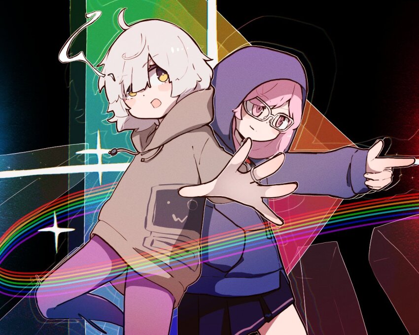 2girls ahoge back-to-back blush_stickers brown_hoodie colorful commentary_request finger_gun glasses grey_hair hair_over_one_eye hood hood_down hood_up hooded_jacket hoodie jacket jewelry kashi_neko kazari_jun knee_up light_smile long_hair long_sleeves looking_at_viewer magia_record:_mahou_shoujo_madoka_magica_gaiden mahou_shoujo_madoka_magica miwa_mitsune multiple_girls open_mouth outstretched_arm outstretched_hand pantyhose pink_eyes pink_hair prism purple_jacket purple_pantyhose rainbow ring short_hair skirt sparkle standing standing_on_one_leg swept_bangs white-framed_eyewear yellow_eyes