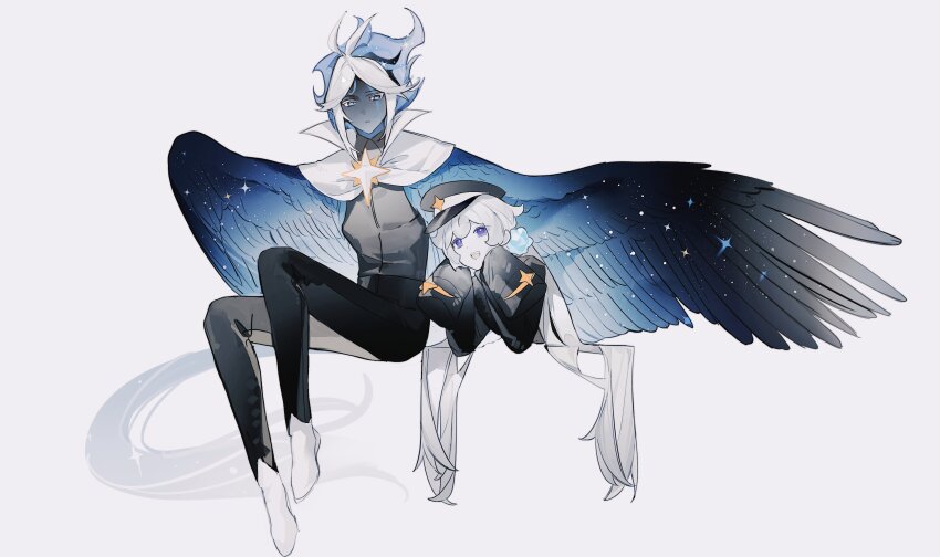 1boy 1girl :d absurdres black_hat black_pants black_shirt blue_eyes blue_hair blue_wings colored_eyelashes colored_skin commentary cookie_run cookie_run:_kingdom cum cum_on_body feathered_wings full_body grey_background grey_shirt grey_skin hair_ornament hands_on_own_cheeks hands_on_own_face hat highres humanization invisible_chair knee_up long_hair long_sleeves looking_at_viewer low_twintails lying milky_way_cookie multicolored_hair on_stomach open_mouth oversized_wings pants parted_lips purple_eyes senlly_2507 shirt shoes short_hair simple_background sitting sleeves_past_fingers sleeves_past_wrists smile sparkle stardust_cookie symbol-only_commentary twintails two-tone_hair very_long_hair white_eyelashes white_hair white_shoes wings