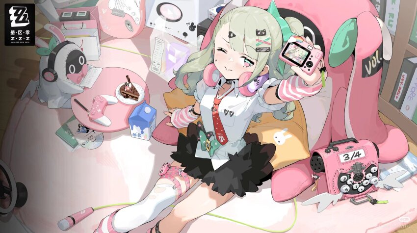 1girl arm_warmers artist_request asymmetrical_bangs asymmetrical_legwear backpack bag bangboo_(zenless_zone_zero) black_skirt cake cake_slice camera chinatsu_remiel choker collared_shirt commentary_request controller copyright_name earrings food game_controller green_eyes green_hair hair_ornament hairpin headphones headphones_around_neck highres holding holding_camera jewelry long_hair loose_necktie multicolored_eyes multiple_hairpins musical_note_earrings necktie one_eye_closed pillow pink_bag pink_eyes pouch red_necktie selfie shirt short_sleeves side_ponytail single_thighhigh sitting skirt smile striped_arm_warmers stuffed_toy sweatdrop thigh_pouch thigh_strap thighhighs third-party_source torn_clothes torn_thighhighs two-tone_eyes white_shirt white_thighhighs winged_bag zenless_zone_zero