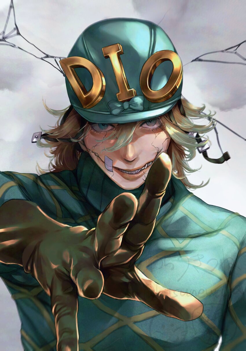 1boy absurdres aqua_bow aqua_helmet aqua_sweater argyle_clothes argyle_sweater bandage_on_cheek blonde_hair blue_eyes bow brown_gloves commentary commentary_request cracked_skin diego_brando foreshortening gloves highres jojo_no_kimyou_na_bouken kitsunewara male_focus medium_hair portrait reaching reaching_towards_viewer scary_monsters_(stand) solo steel_ball_run sweater teeth turtleneck turtleneck_sweater upper_body