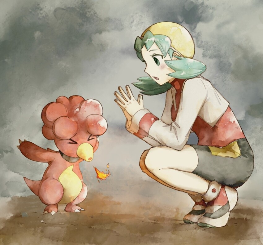 &gt;_&lt; 1girl :o asuka_rkgk bike_shorts blush cropped_jacket eyelashes fire flipped_hair from_side gen_2_pokemon green_eyes green_hair hat jacket kris_(pokemon) long_hair long_sleeves magby nintendo open_clothes open_jacket open_mouth own_hands_together pokemon pokemon_(creature) pokemon_gsc shirt shoes squatting twintails yellow_headwear