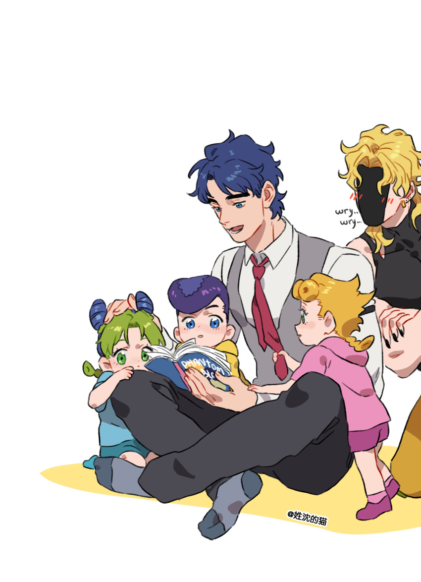 1girl 4boys aged_down black_leotard black_nails black_pants blonde_hair blue_eyes blunt_bangs blush braid commentary crossed_arms dio_brando double_bun english_commentary father_and_son giorno_giovanna green_hair hair_bun higashikata_josuke highres holding honlo hood hoodie indian_style jojo_no_kimyou_na_bouken jonathan_joestar kuujou_jolyne leotard long_hair long_sleeves multicolored_hair multiple_boys necktie pants phantom_blood pompadour reading red_necktie shaded_face shirt short_hair sitting stardust_crusaders two-tone_hair white_shirt wryyyyyyyyyyyyyyyyyyyy yellow_pants