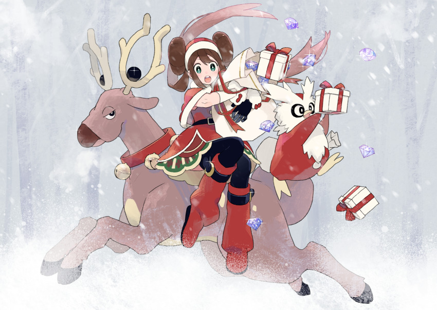 1girl absurdres boots box capelet christmas commentary_request delibird double_bun floating_hair fur_trim gem gen_2_pokemon gift gift_box green_eyes gum_(gmng) hair_bun hat highres huge_filesize nintendo official_alternate_costume open_mouth pokemon pokemon_(creature) pokemon_masters_ex red_capelet red_footwear riding riding_pokemon rosa_(holiday_2019)_(pokemon) rosa_(pokemon) sack santa_hat sidelocks sitting snowing stantler teeth thighhighs tongue twintails